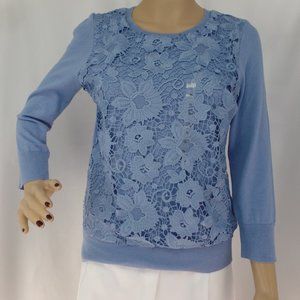 NWT ANN TAYLOR BLUE WITH LACE OVERLAY 3/4 SLEEVE CREW NECK COTTON SWEATER SZ: S